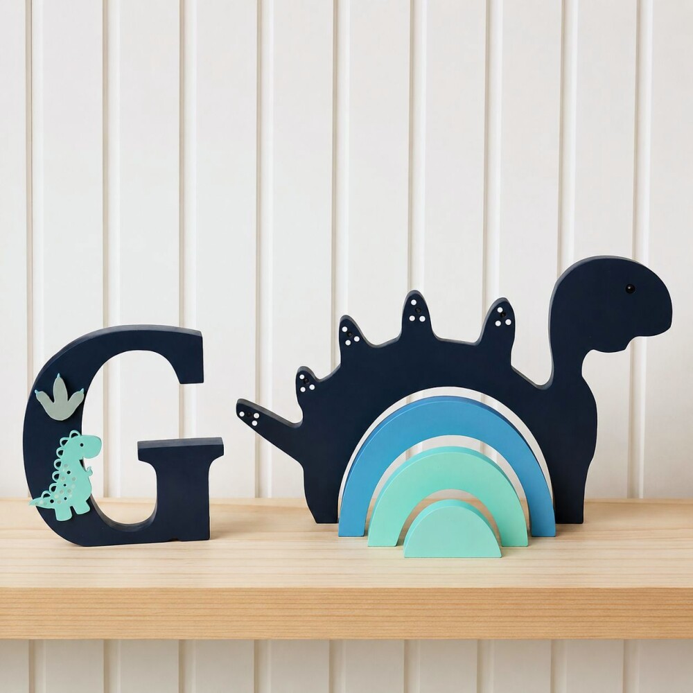 Kit Adornos Madeira Dinossauro Arcos e Letra Inicial 15cm Marinho