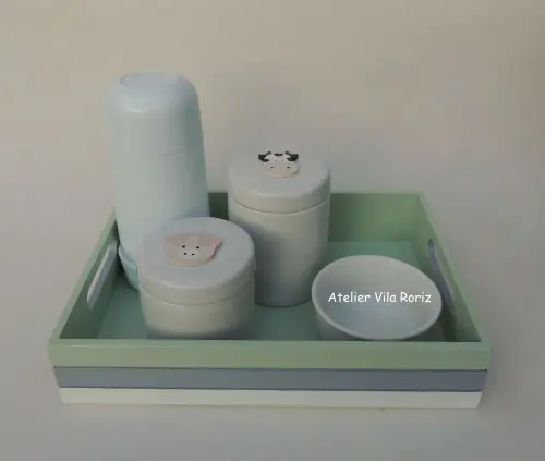 Kit Higiene Bandeja P 3 Cores Fazendinha 4 Peças
