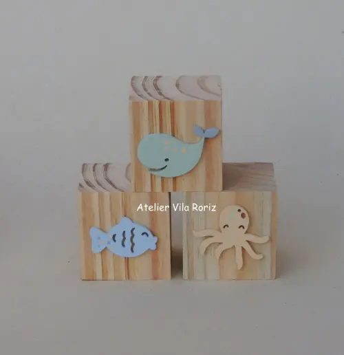 Adorno Trio Cubos Pinus Fundo do Mar