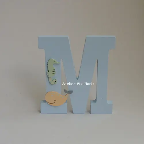 Letra inicial Madeira 15 cm Animais Marinhos Azul