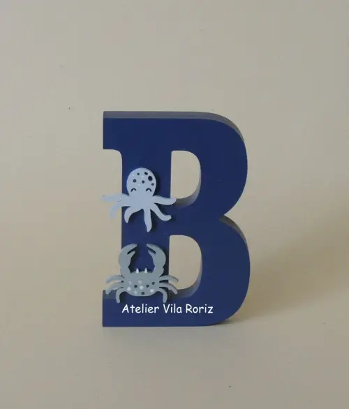 Letra inicial Madeira 15 cm Animais Marinhos Azul
