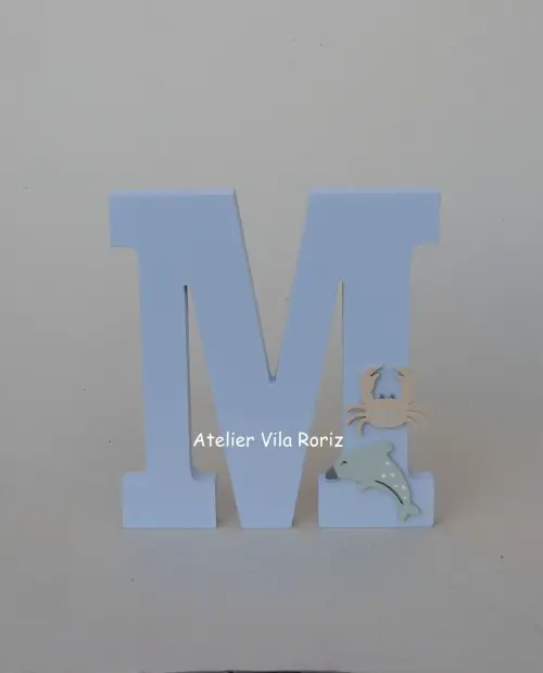 Letra inicial Madeira 15 cm Animais Marinhos Azul