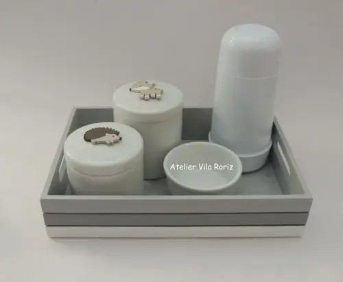 Kit Higiene Bandeja P Cinza Animais Floresta 4 Peças
