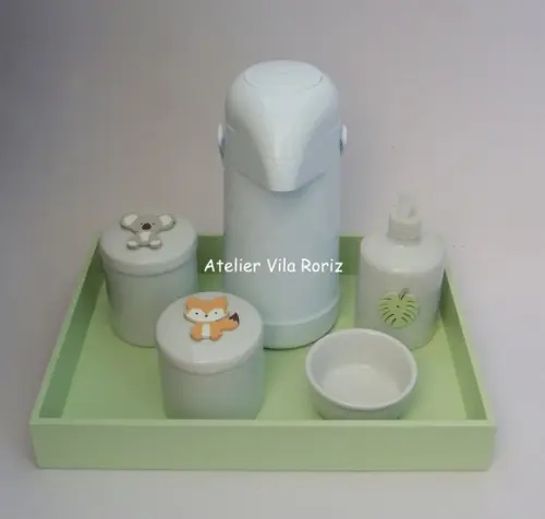 Kit Higiene Bandeja G Lisa Verde Animais da Floresta 5 Peças