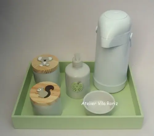 Kit Higiene Bandeja G Lisa Verde Animais da Floresta 5 Peças A