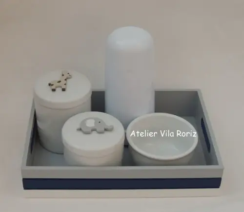 Kit Higiene Bandeja P Marinho, Cinza e Branca Safári