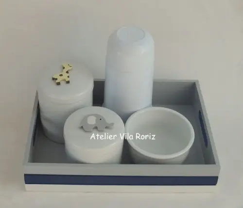 Kit Higiene Bandeja P Marinho, Cinza e Branca Safári