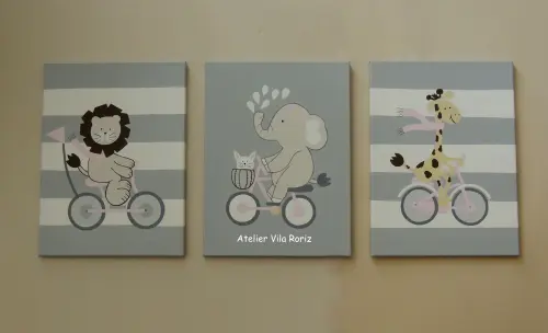Kit 03 Telas 30x40cm Pintadas à Mão Safári Bike