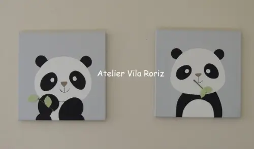 Kit 02 Quadros 30 x 30 cm Pintados à Mão Sob Tela Pandas