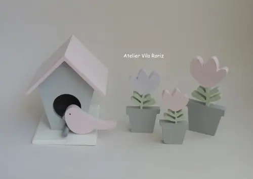 Kit Adornos: Trio Vasinhos Tulipas e Casinha de Passarinho!