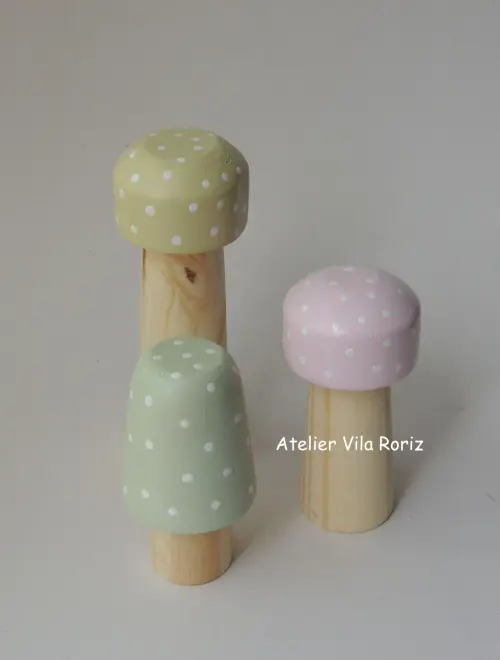 Adorno Madeira Trio Cogumelos Pinus F