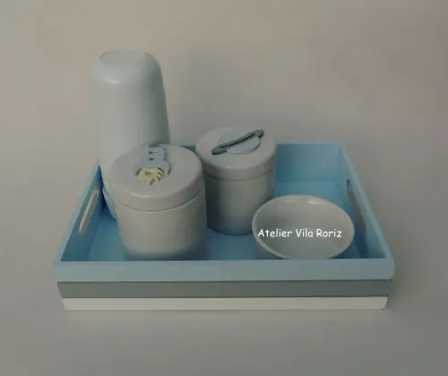 Kit Higiene Bandeja P Azul, Cinza e Branca Espaço