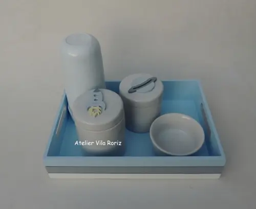 Kit Higiene Bandeja P Azul, Cinza e Branca Espaço