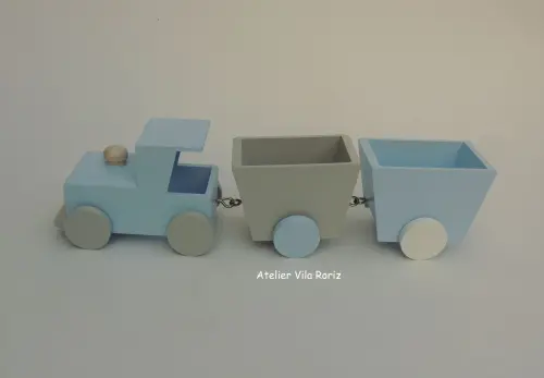 Adorno Trem 3d com 2 vagões Azul