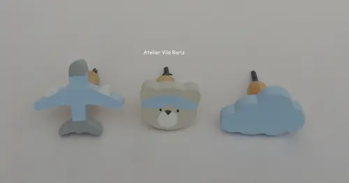 kit 3 Ganchos Cabideiros Urso Aviador Azul