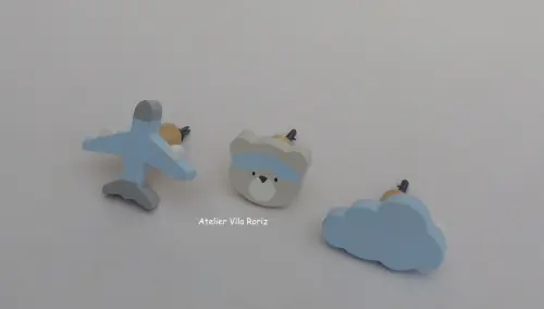 kit 3 Ganchos Cabideiros Urso Aviador Azul