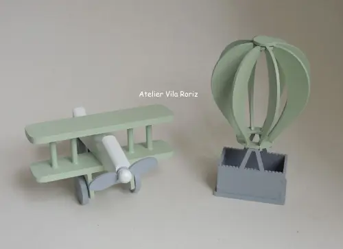 Kit Adornos: Avião 3d e Balão Verde, Cinza e Branco
