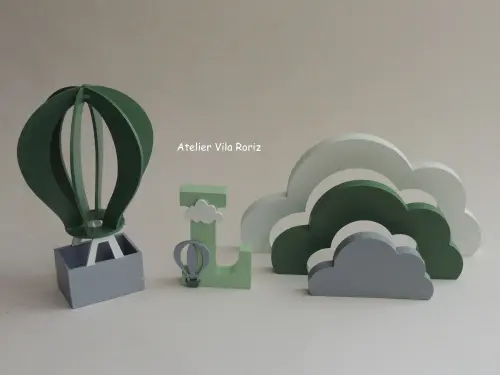 Kit Adornos: Balão 3d, Letra Inicial e Arco-íris Nuvem Verde