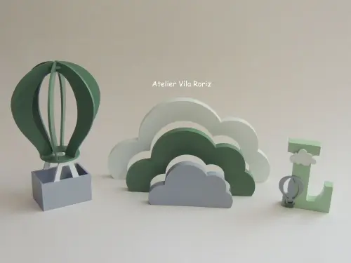 Kit Adornos: Balão 3d, Letra Inicial e Arco-íris Nuvem Verde