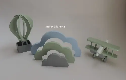 Kit Adornos: Balão, Nuvem Arcos e Avião 3d Verde