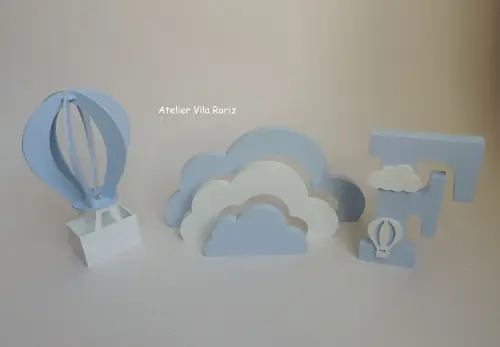 Kit Adornos: Balão 3d, Nuvem Arcos e Letra !5 cm Azul e Branco