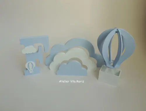 Kit Adornos: Balão 3d, Nuvem Arcos e Letra !5 cm Azul e Branco