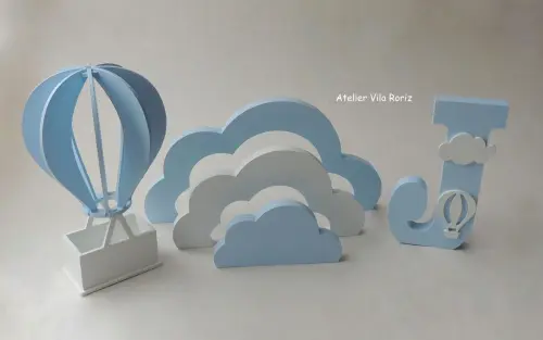 Kit Adornos: Balão 3d, Nuvem Arcos e Letra !5 cm Azul e Branco