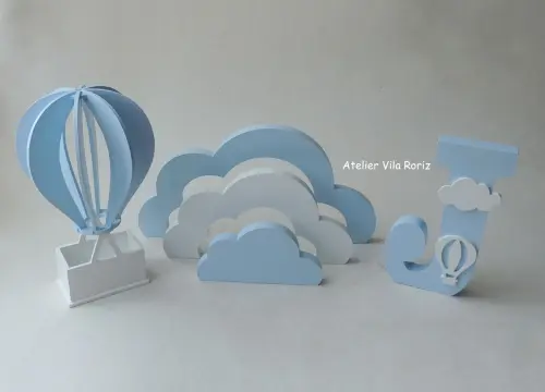 Kit Adornos: Balão 3d, Nuvem Arcos e Letra !5 cm Azul e Branco