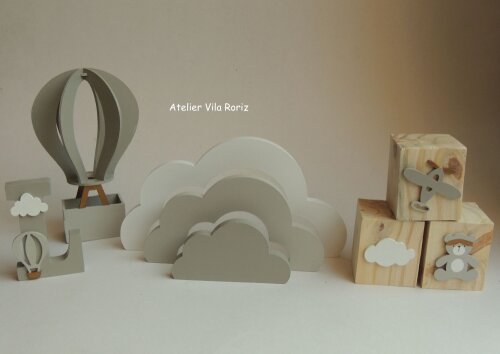 Kit Adornos: Balão 3d G, Letra, Trio Cubos e Nuvem Arcos Bege
