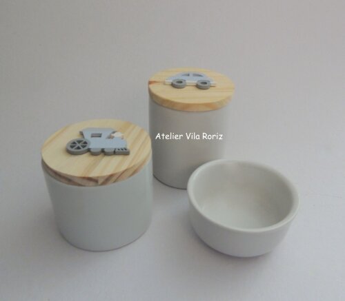 Kit Potes Porcelana Bebê Transportes 3 Peças