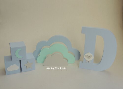 Kit Adornos: Letra 20 cm, Nuvem Arcos e Trio Cubos Ovelha