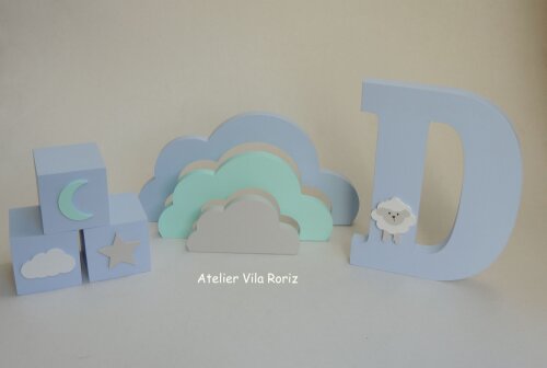 Kit Adornos: Letra 20 cm, Nuvem Arcos e Trio Cubos Ovelha