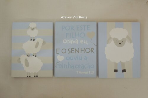 Kit Quadros Telas Pintadas à Mão Ovelhas e Versículo