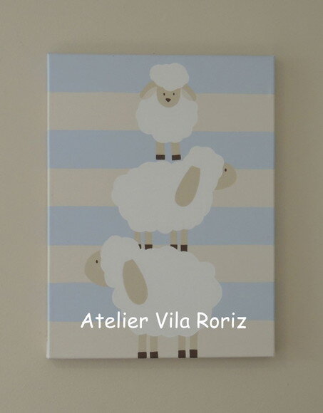 Quadro Tela Pintada à Mão 3 Ovelhas Azul