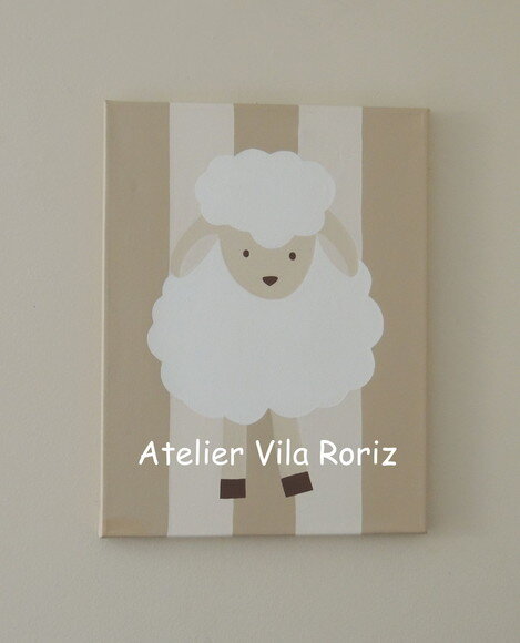 Quadro Tela Pintada à Mão Ovelha em Pé Bege