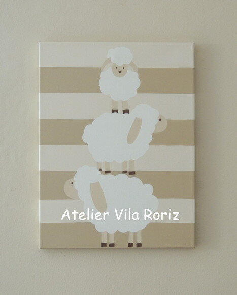 Quadro Tela Pintada à Mão Ovelha em Pé Bege