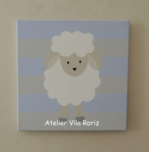 Quadro Tela Pintada à Mão Ovelha em Pé Azul 30 x 30 cm