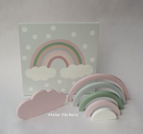 Kit: Adornos Arco-íris e Nuvem Madeira e Quadro