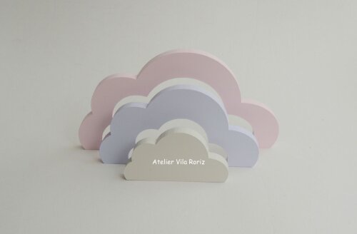 Adorno Madeira Nuvem Escalonada Rosa, Lilás e Bege