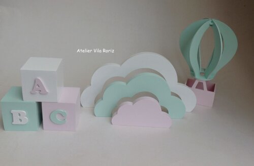 Kit Adornos: Nuvem Escalonada, Trio Cubos Abc e Balão 3d