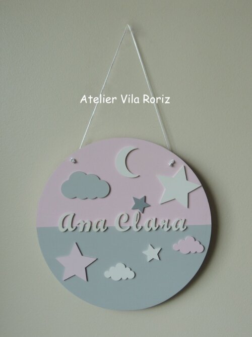 Porta Maternidade Placa Redonda Nuvens e Estrelas