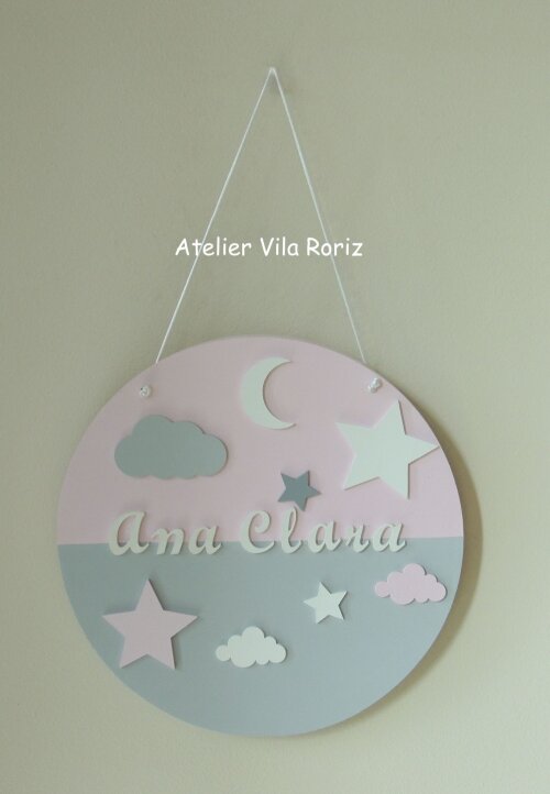 Porta Maternidade Placa Redonda Nuvens e Estrelas