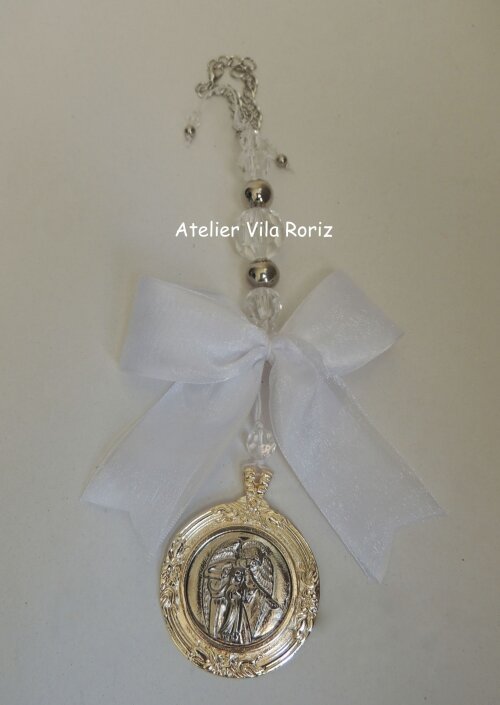 Medalhão de Berço Redondo Anjo da Guarda Dourada e Níquel