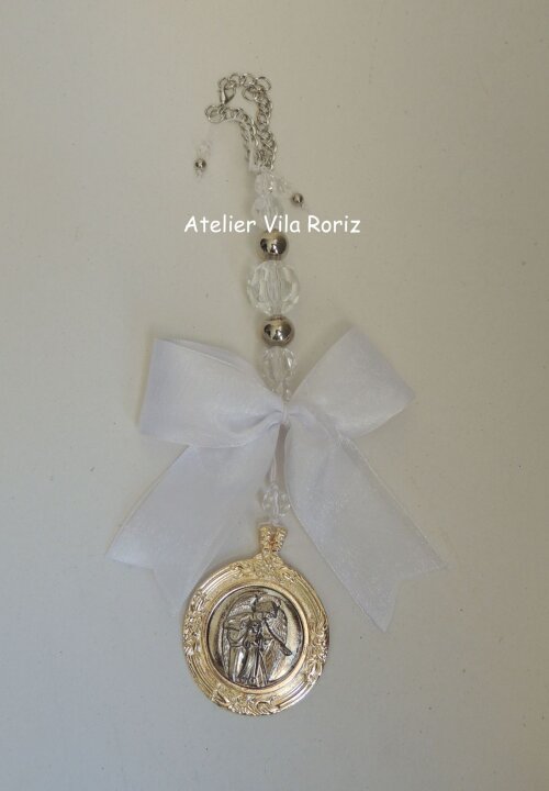 Medalhão de Berço Redondo Anjo da Guarda Dourada e Níquel