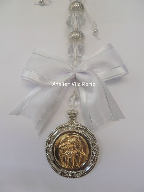 Medalhão de Berço Redondo Anjo da Guarda Dourada e Níquel