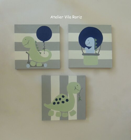 Kit 03 Quadros 30 x 30 cm Pintados à Mão Sob Tela Dinos