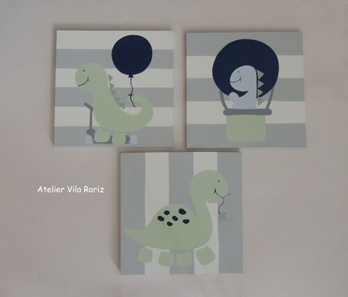 Kit 03 Quadros 30 x 30 cm Pintados à Mão Sob Tela Dinos