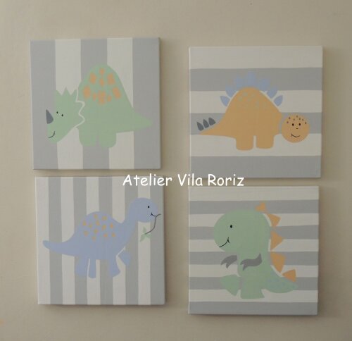 Kit 04 Quadros 30 x 30 cm Pintados à Mão Sob Tela Dinos