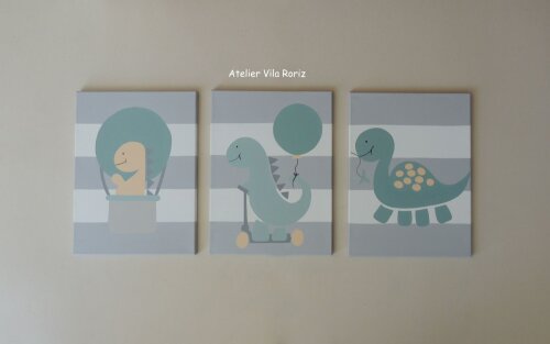 Kit 03 Quadros 30 x 40 cm Pintados à Mão Sob Tela Dinos