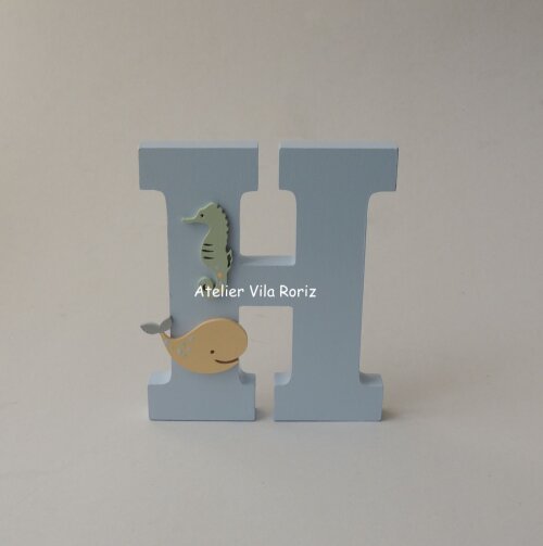 Letra inicial Madeira 15 cm Animais Marinhos Azul